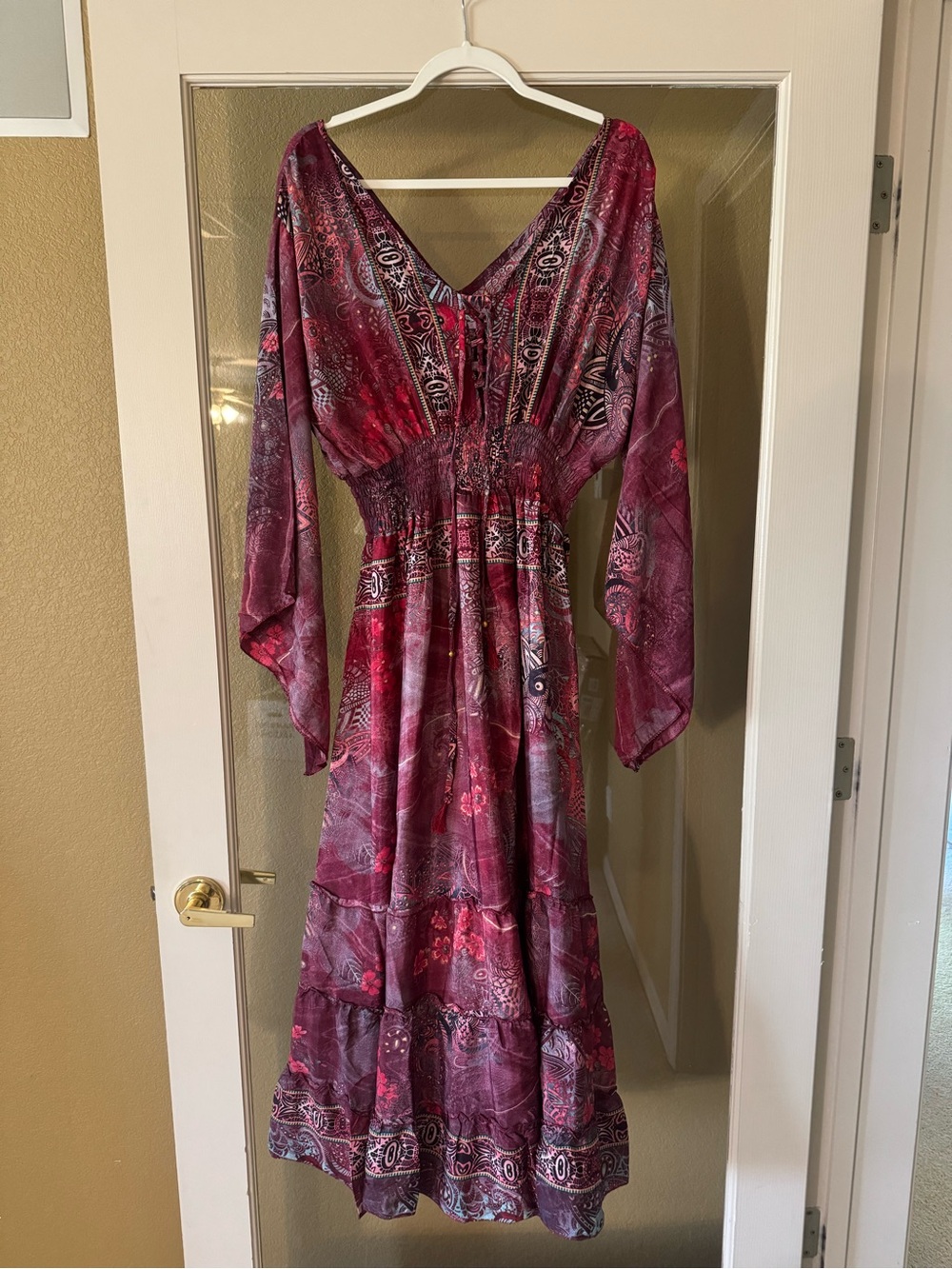 Bohemian V-Neck Maxi Dress in Berry Print Small to Large